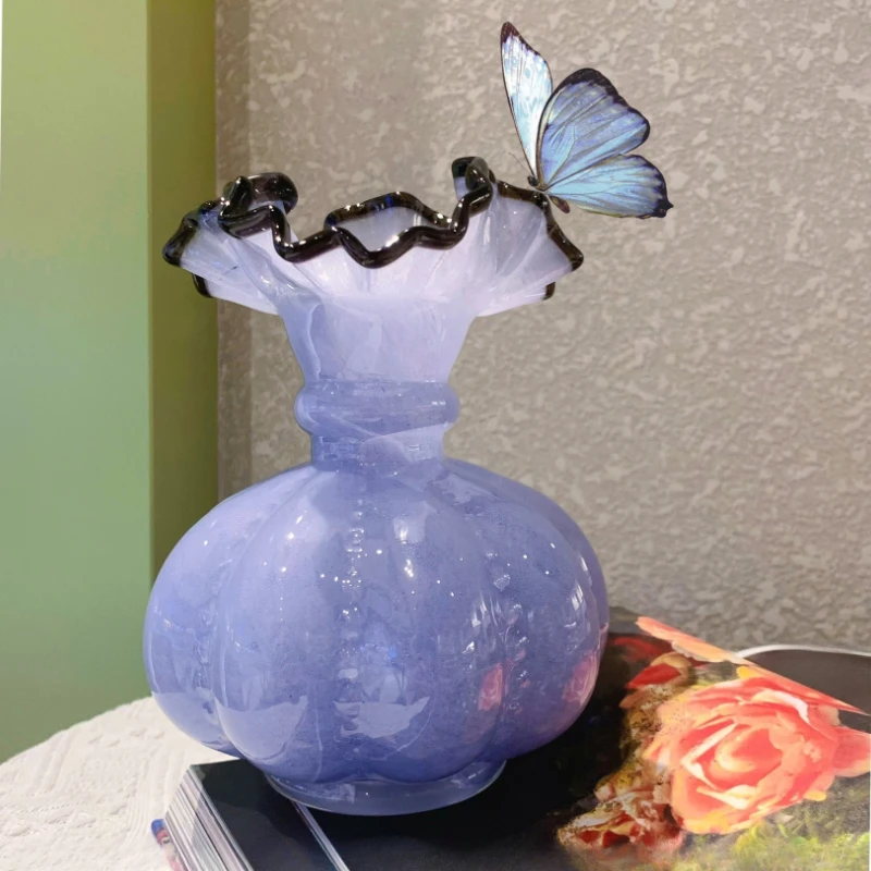 

Icy Lilac Glass Vase with Ruffled Rim Vintage Inspired Decorative Vase for Elegant Home Decor Soft Aesthetic Styling