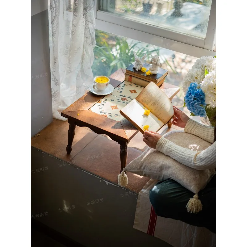 Wind solid wood small tea table bay window storage table tatami low table balcony home Chinese retro homestay