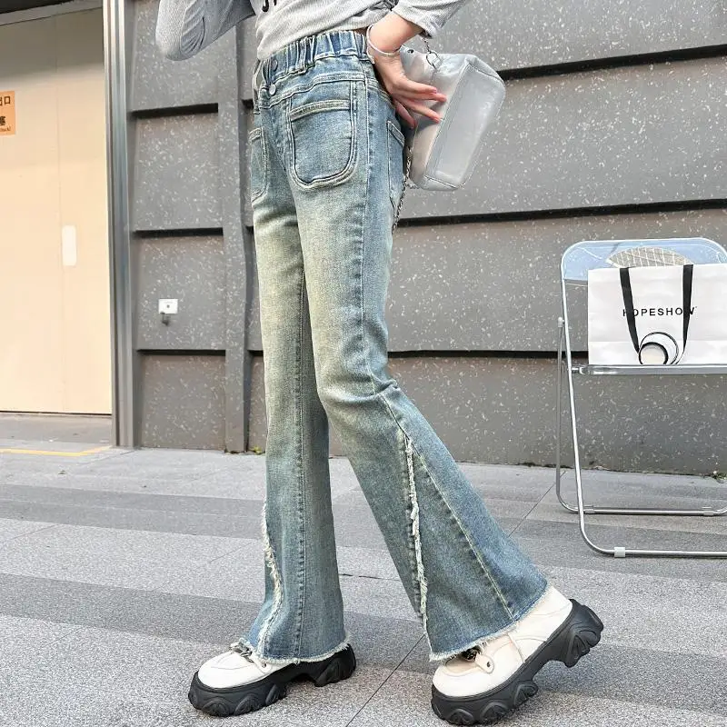 IENENS Fashion Flared Jeans Girl Spring Autumn High-waisted Slim-fit Pants Retro Y2K Street Kids Denim Trousers For 6-13 Years