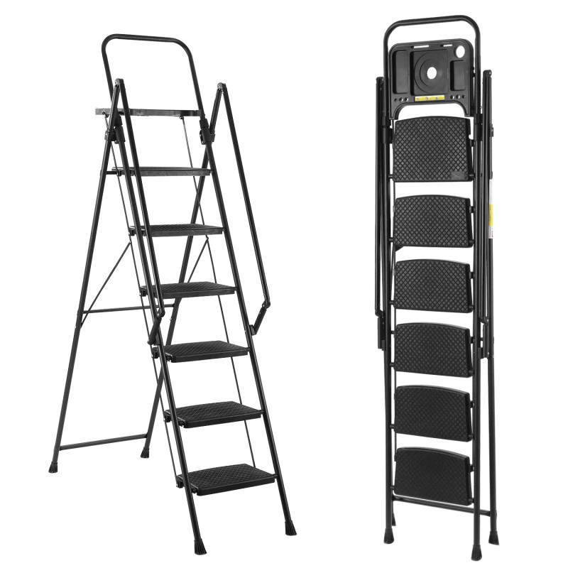 

6-Step Foldable Steel Step Ladder with Tool Trays & Wide Anti-Slip Pedals - Lightweight Portable for Kitchen Home Indoor Outdoor