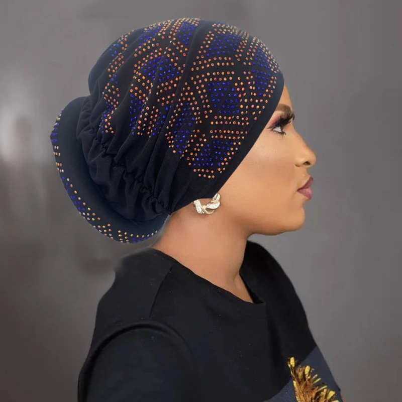 Boné de Turbante Glitter Diamantes para Mulheres, Envoltório Elástico na Cabeça Muçulmano, Lenço Feminino, Lady Bonnet, Gorro, Chapéu de Festa, Verão, 2024