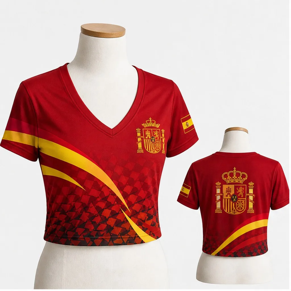 Womens V Neck Cropped Tee Spain Curved Stripe Crest Graphic Short Sleeve Summer Casual Top With Regal Back Design Relaxed Outfit