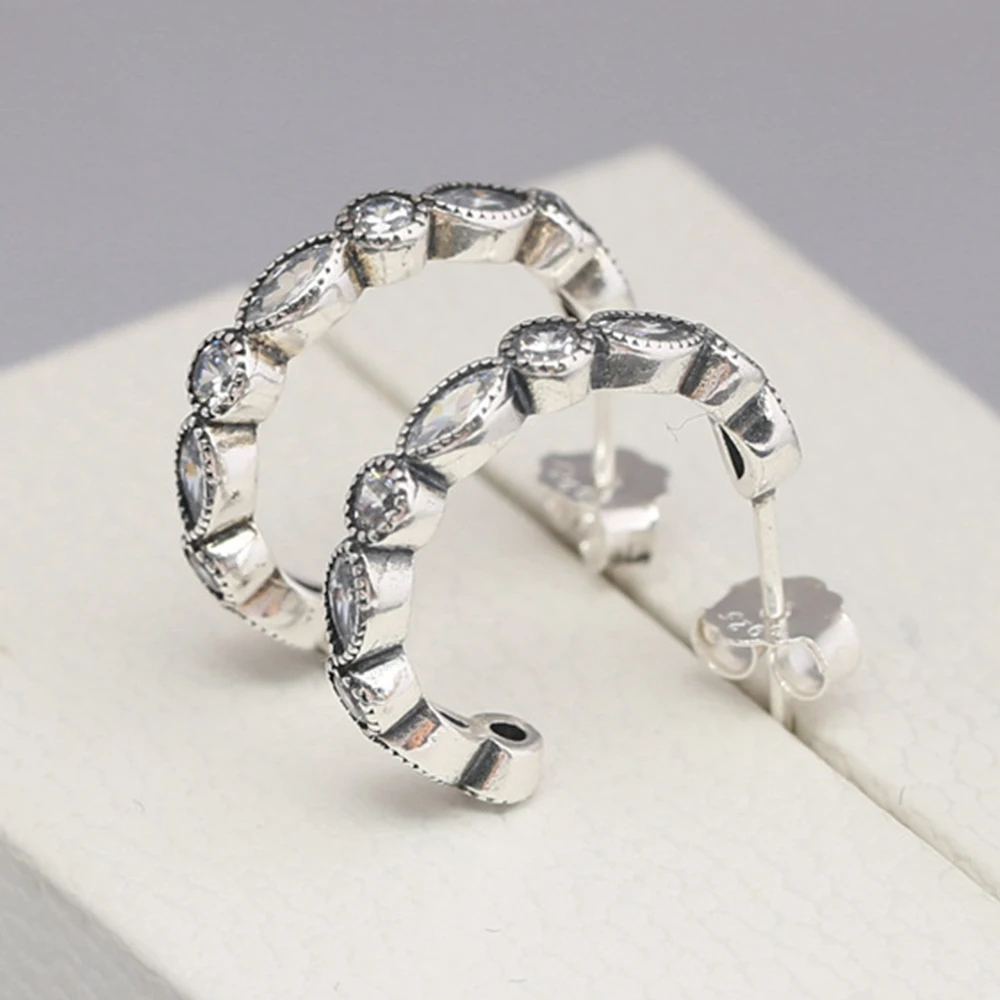 

925 Sterling Silver Regal Beauty Entwined Heart Open Pavé Bars Double Band Logo Fashion Hoop Earrings For Women Gift DIY Jewelry