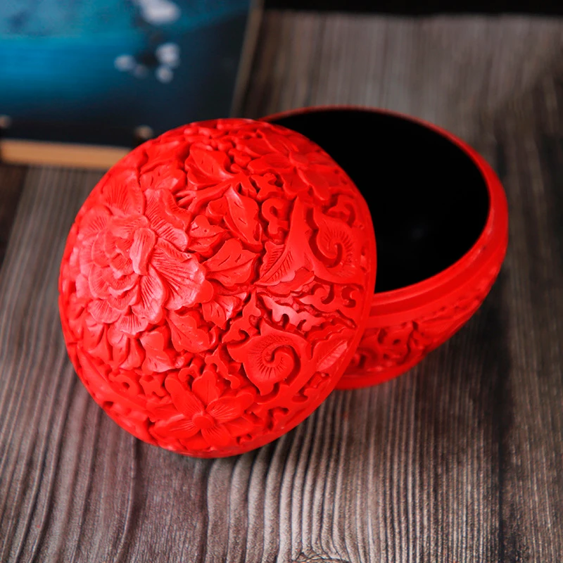 

4.5" vintage chinese lacquerware box Japan small ball flower carving statue gift hobby collect