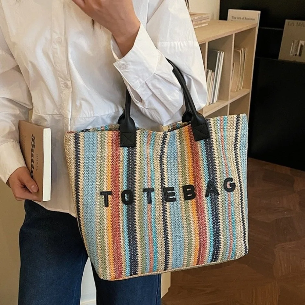 

Fashion Woven Straw Tote Bag Letter Shoulder Bag Rainbow Tote Bag Large Capacity Tote Pouch Striped Handbags Outdoor