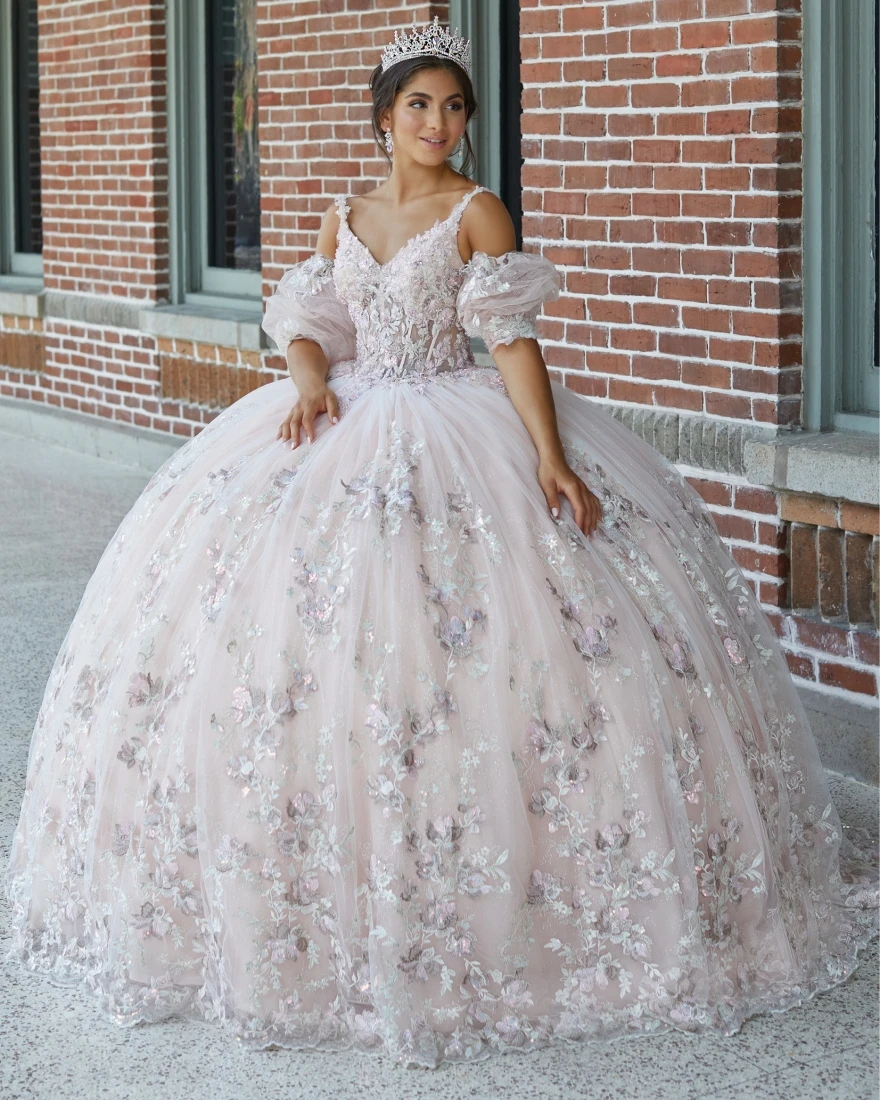 

Customized Elegant Pink Ball Gown Quinceanera Dress Spaghetti Long Sleeve Sweet 15 16 Years Party Vestidos De XV Años YQD159