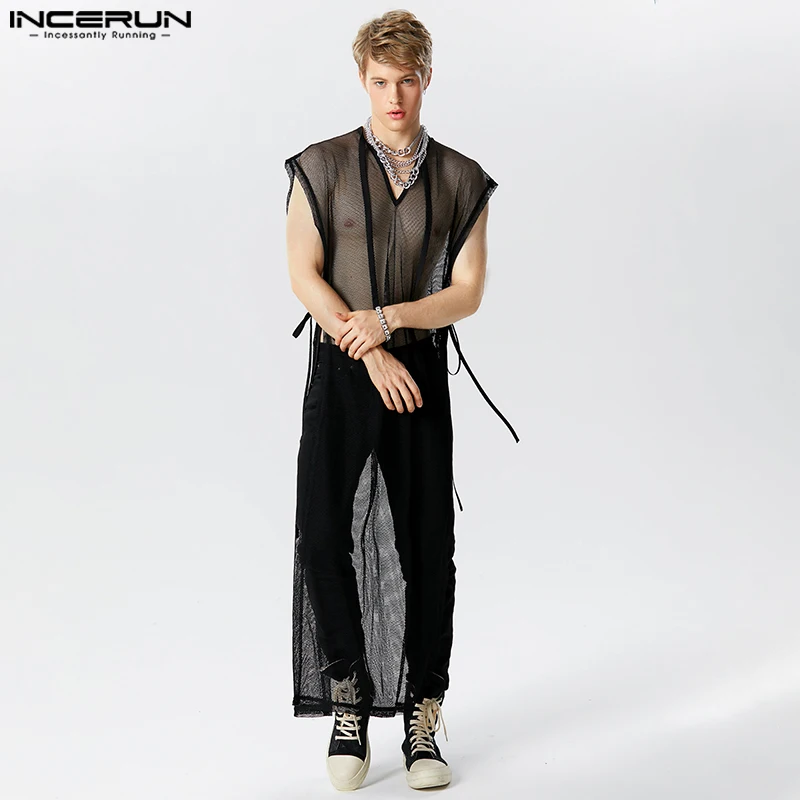 Stylish Casual Style Tops INCERUN Men\'s Sexy See-through Mesh Long-style Tank Tops Male V-neck Strap Sleeveless Thin Vests S-5XL