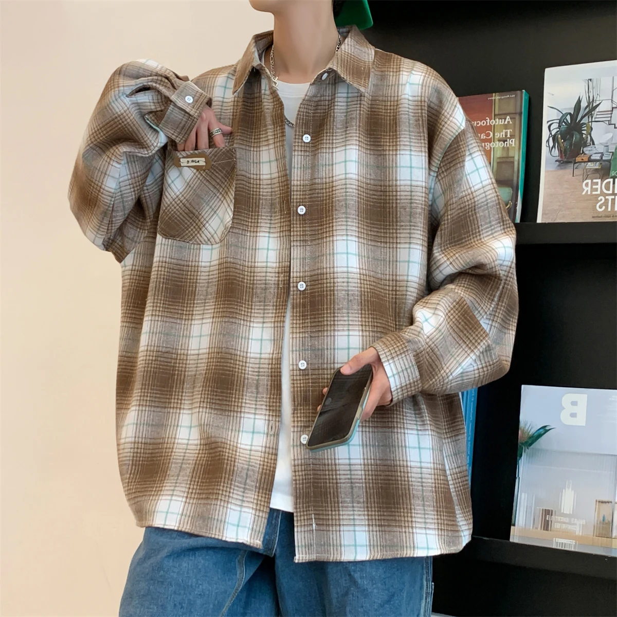 

Loose Long Sve Plaid irt Men's Autumn Spring Bla And White Stripes y Sle Couple Outerwear Youth Faion