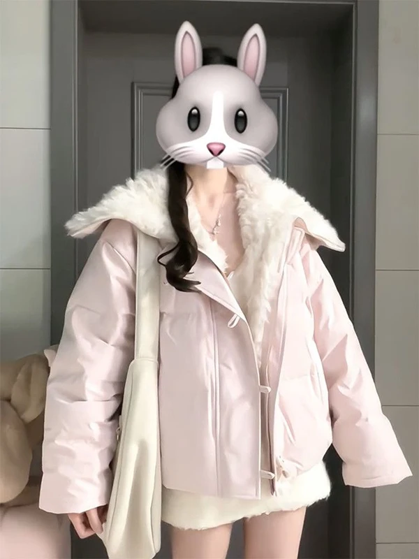 

Sweet Winter Lamb Fur Splicing Cotton Jacket Navy Collar Warmth Design College Style Loose Fit Zipper Closure Long Sleeve Coat