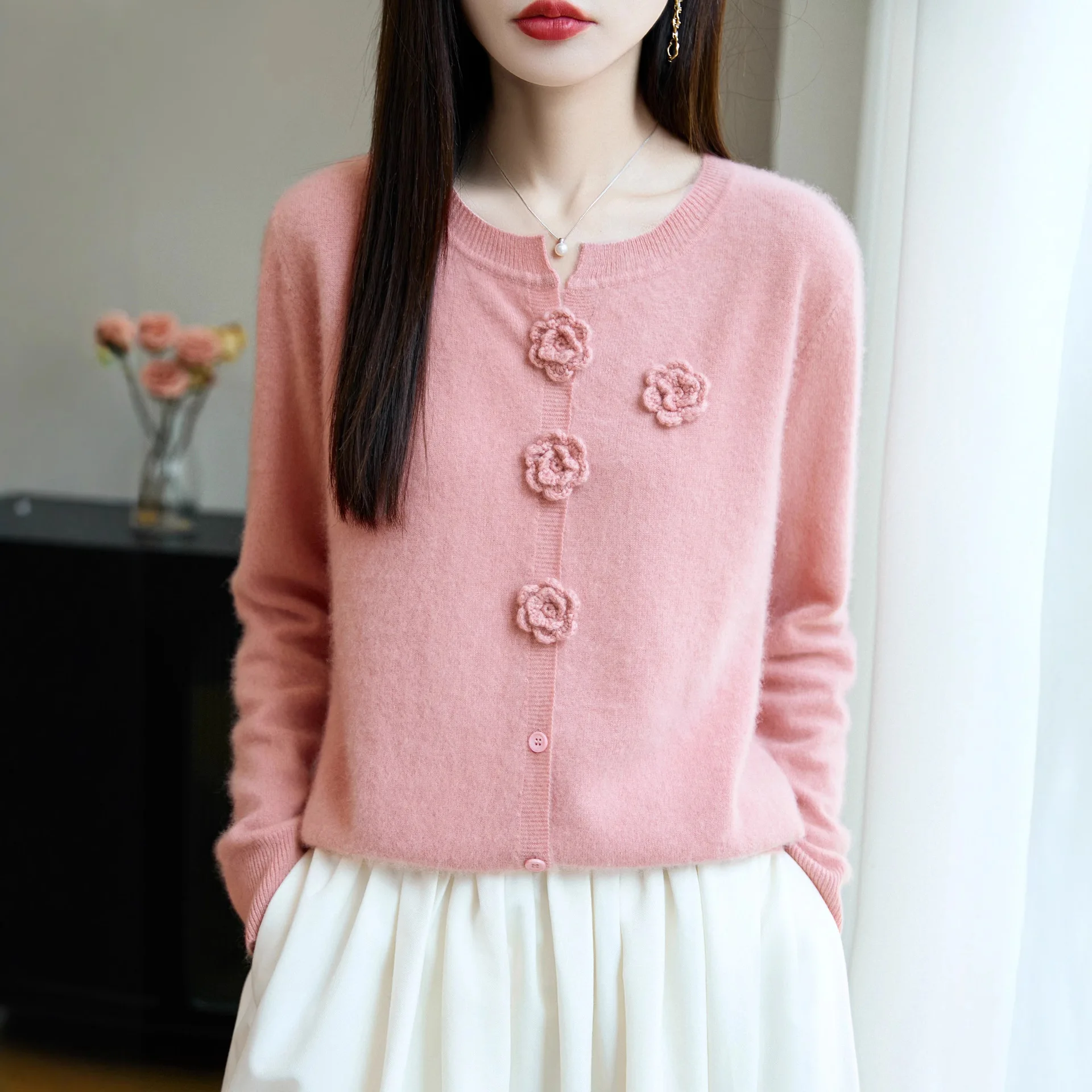 

Женские кардиганы, 100% шерсть, однобортный вязаный свитер с цветами и пуговицами, осень-зима, теплая верхняя одежда, корейские модные джемперы