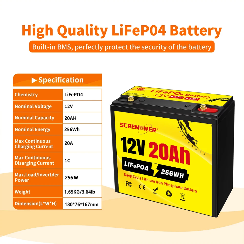 12V LiFePO4 Battery 20Ah Deep Cycle Chargeable Lithium Battery with BMS for Fish Finder, Power Wheel, Boat, Emergency Lighting