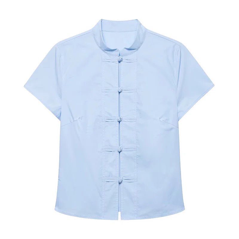 Women's Shirt 2026 New Summer Blue Rope Knot Poplin Shirt for Women Elegant Chic Personality Ladies Shirt
