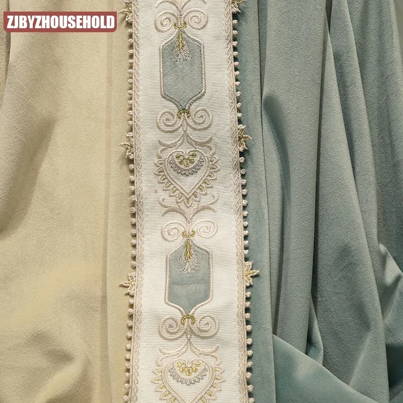 

Luxurious French Velvet Embroidery Curtains for Living Room Bedroom Villa Beige Splicing Simple Blackout Ligh Blue Yarn