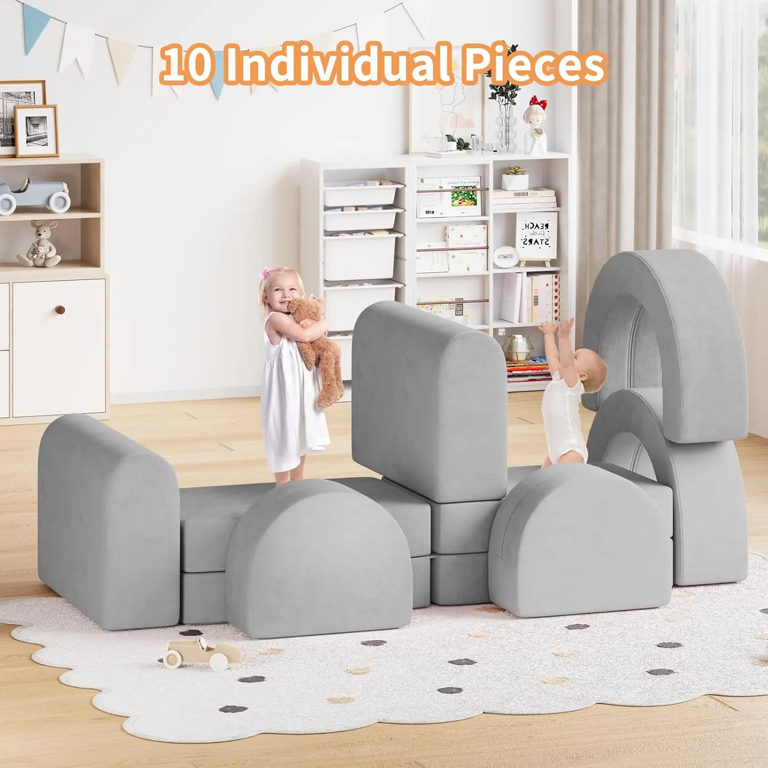 Modular Kids Play Couch, 10pcs Kids Play Couch for Playroom Bedroom, Convertible Modular Toddler Couch, Creative Kids Foam Sofa