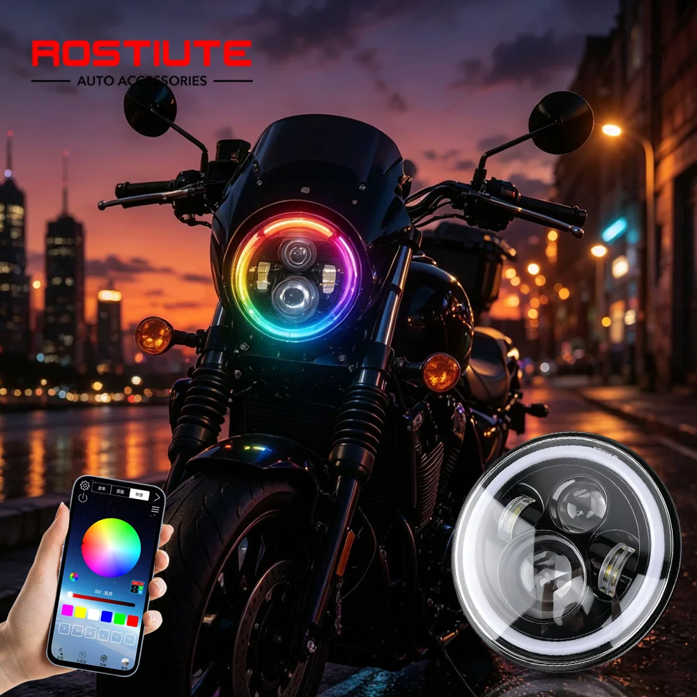 RGB 7Inch Motorcycle LED Headlight Round Headlamp with Halo Ring DRL Hi/Lo Beam DRL Led Headlights 12V Bluetooth APP Control