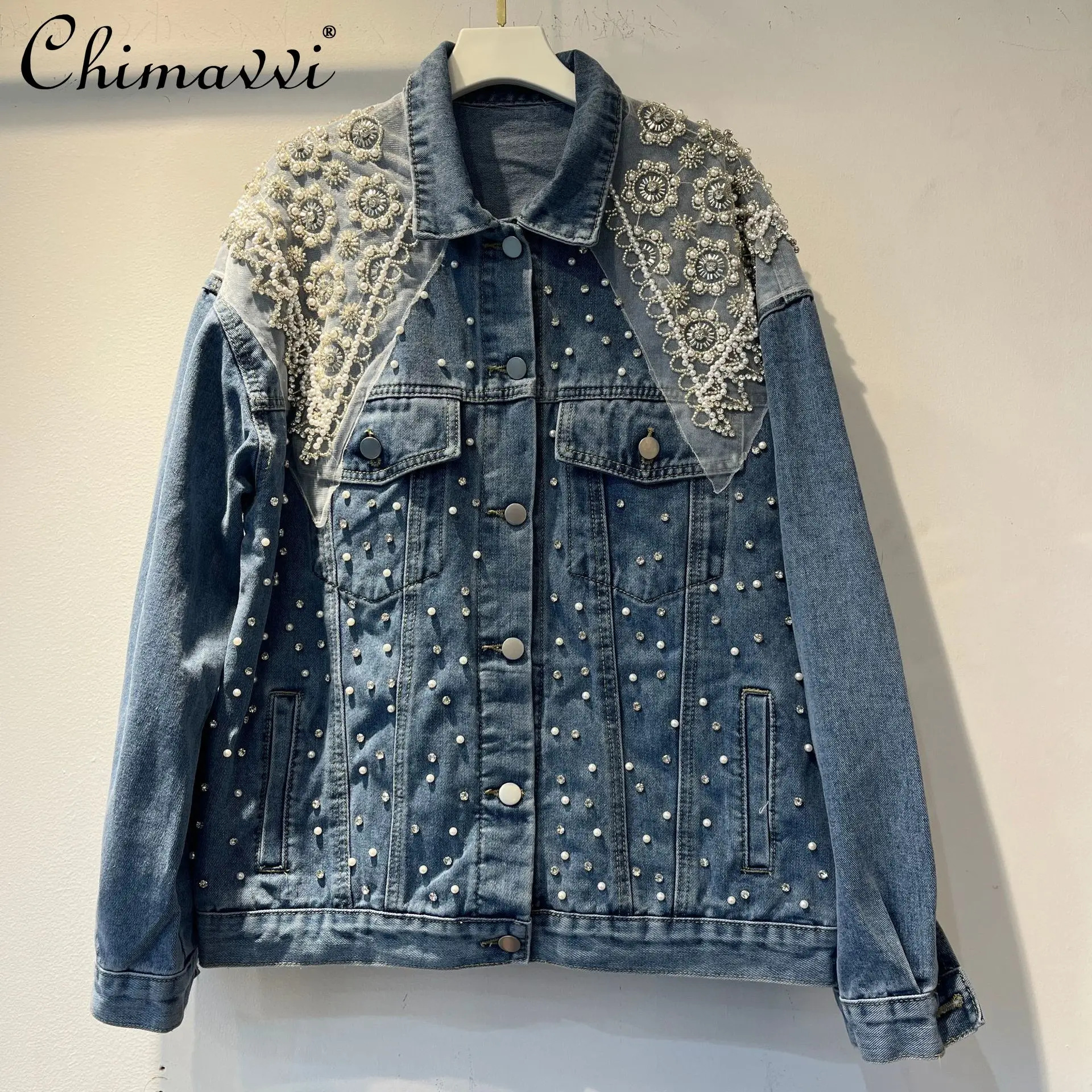

New 2026 Spring Heavy Pearl Diamond Denim Jacket for Women Fashion Lace Patchwork Loose Slimming Streetwear Jacket Top