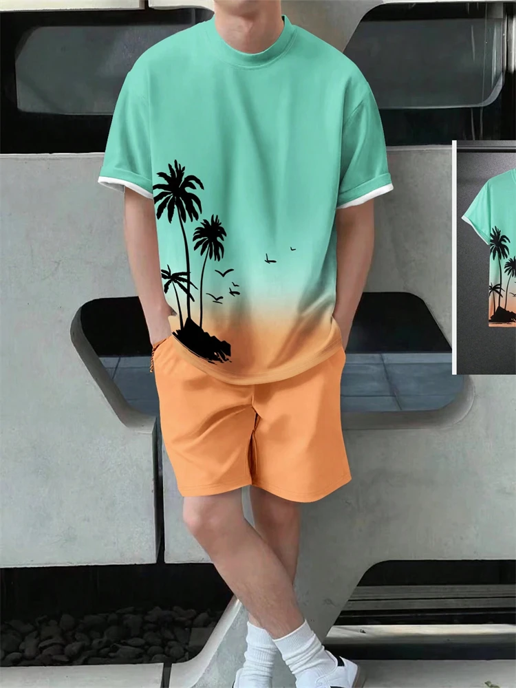 New Men\'s Suit Hawaiian Gradient Coconut Print Suit Summer Beach T-Shirt and Pants 2 Piece Fashion Sports Plus Size Men\'s Suit