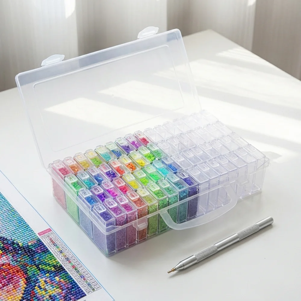 

64-Compartment Transparent Plastic Storage Box with Individual Flip Lids, Can Be Used with Blank Labels for Organizing Beads, Nail Art, and Rhinestones, Portable Storage Box, 64-Compartment Transparent Parts Storage Box, Nail Art Tools and Accessories Sor