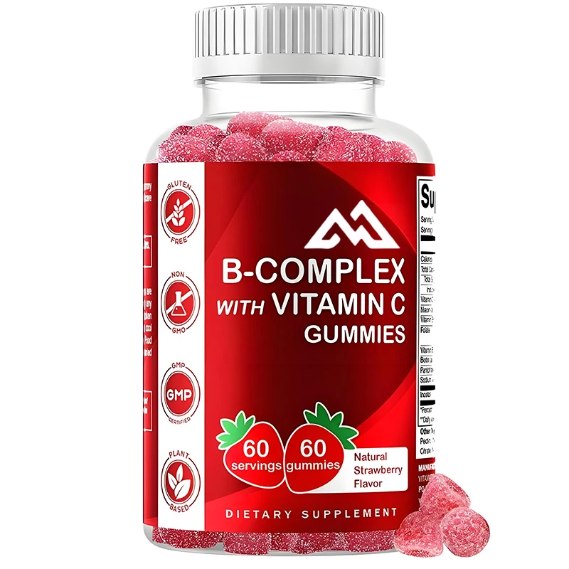 Gommes Complexe de Vitamine B, Contenant de la Vitamine C et de l'Inositol-Arôme Naturel de Fraise-60 Gommes (1 Bouteille)