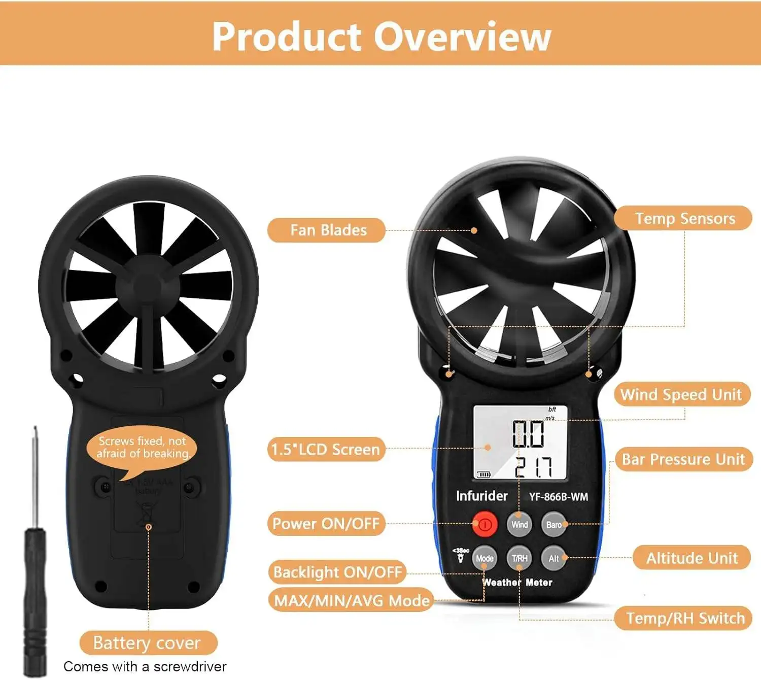 

Digital Anemometer Wind Meter Bluetooth App Temperature Wind Chill Barometer Altimeter LCD Backlight for Outdoor HP-866B-WM