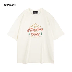 WAVLATII New Women Men Cool Printed T shirts Female Beige 260 GSM Oversized Tee Male Unisex Basic Solid Young Casual Tops WT2461