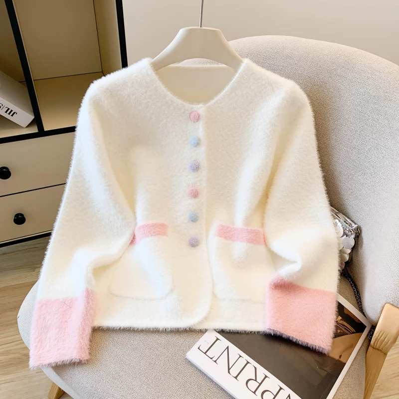 

Женский белый кардиган, свитер из мохера, винтажный джемпер 2000-х годов Y2k, трикотаж, норковый кашемировый свитер с длинными рукавами, осенне-зимняя одежда