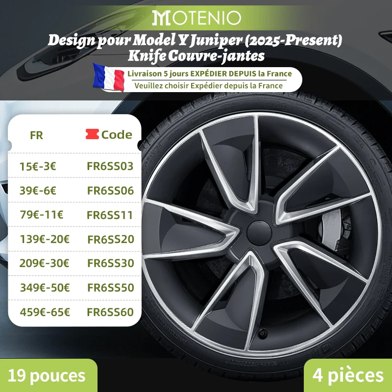 Lot de 4 enjoliveurs style couteau 19 pouces pour la nouvelle Tesla Model Y 2025-2026 Juniper, couvercles de jante complets, accessoires de remplacement.