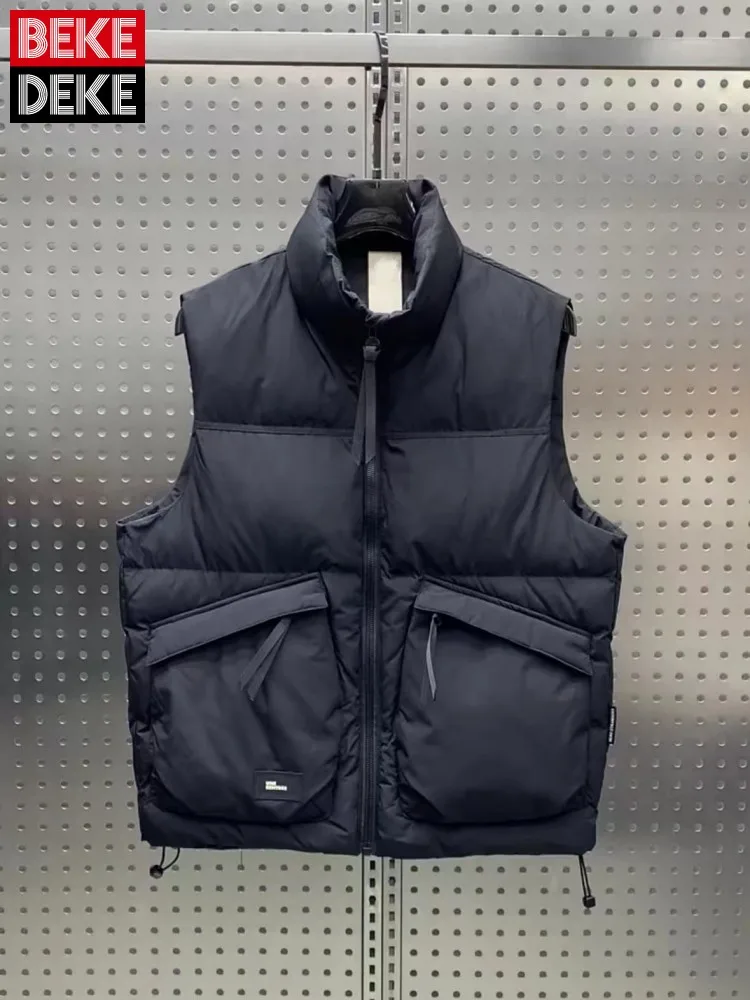 

Воротник-стойка, однотонный зимний мужской пуховик без рукавов на молнии, модный уличный повседневный жилет-карго, теплый мужской жилет