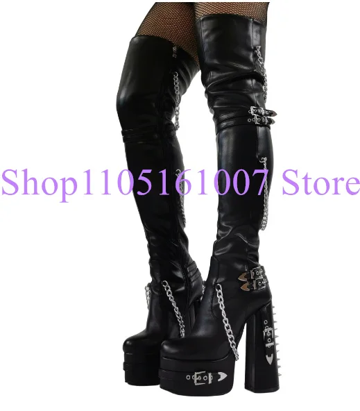 

New Chains Decor Chunky Heel Woman Long Boots Fashion Buckle Strap Rivets Lady Platform Over the Knee Boots Thigh High Boots