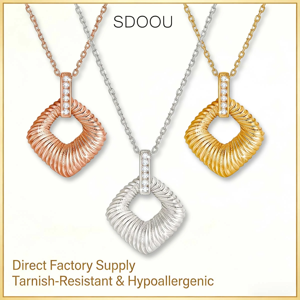 SDOOU Trendy 925 Sterling Silver Necklace Striped Texture Square Moissanite Pendant for Women 18K Gold Plated Jewelry Party Gift
