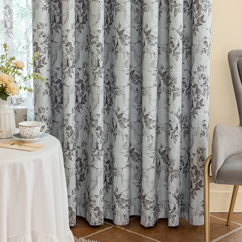 Light Gray Curtains for Living Room Bedroom Elegant Floral Motifs Printed Fabric 100% Blackout Layer window drapes