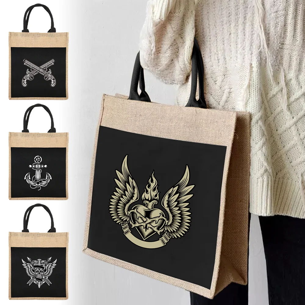 Eco-friendly Shopping Bag Reusable Shoulder Tote Bag Women's Linen Tote Bag Skull Pattern Print for Grocery Shopping Tote