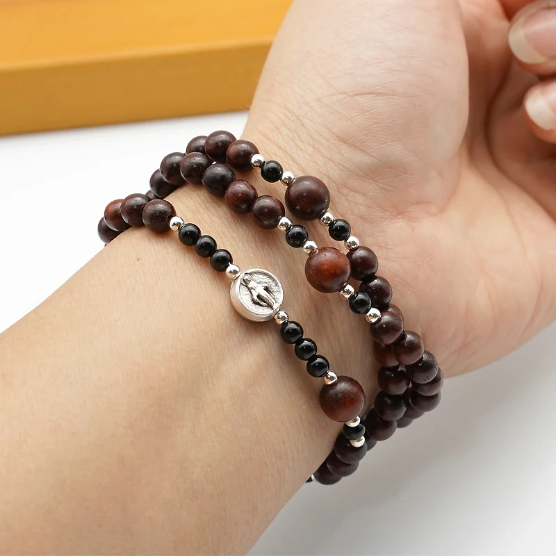 Natural Rosewood Crucifix Men's & Women's Triple Stretch Bracelet 6/8mm Virgin Handmade Rope Braided Religious Souvenir Gift