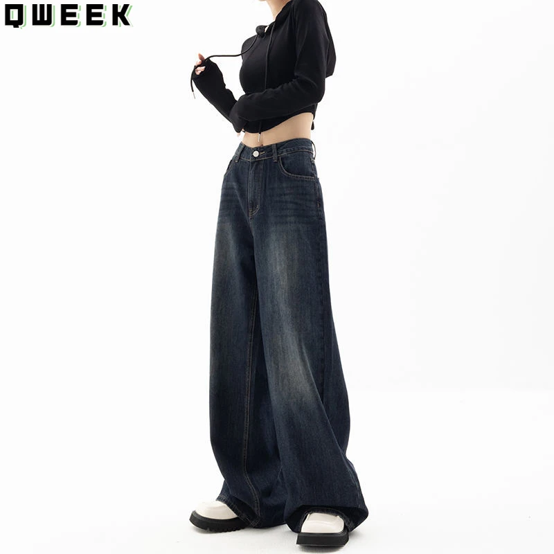 QWEEK Vintage High Waist Jeans Women Y2k Harajuku Loose Korean Fashion Wide Leg Pants Oversized Straight Casual Denim Trousers