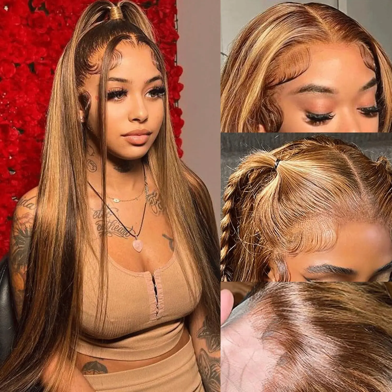 

30 Inch Ombre Lace Front Wig Human Hair 4/27 Colored HD Straight Highlight 180% Density Honey Blonde Glueless Pre Plucked