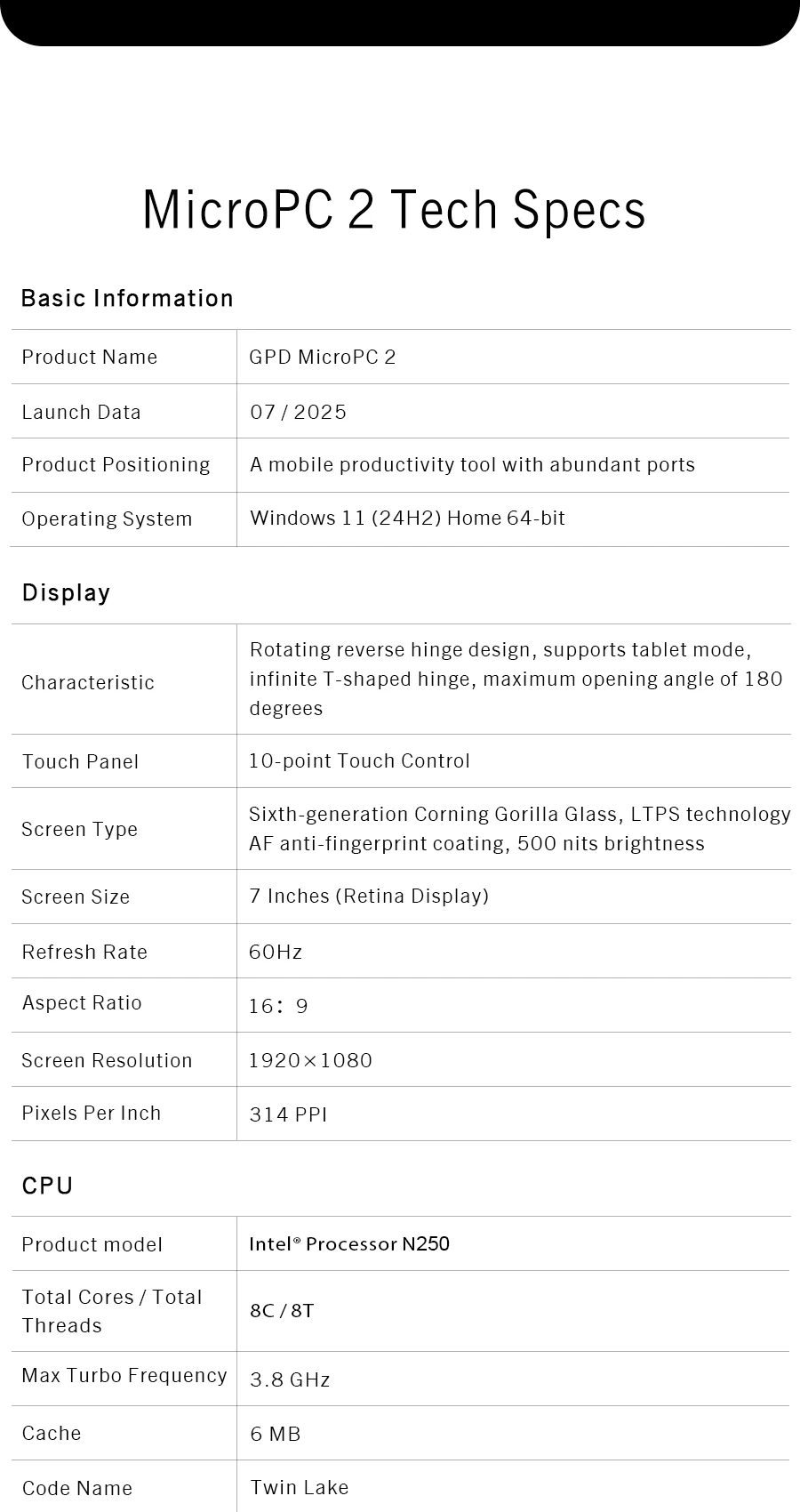 GPD Micro PC 2 Mini Industrial Laptop 7 Inch 1920x1080 Intel N250 16GB DDR5 512GB M.2 SSD Windows11 Portable Industry Notebook