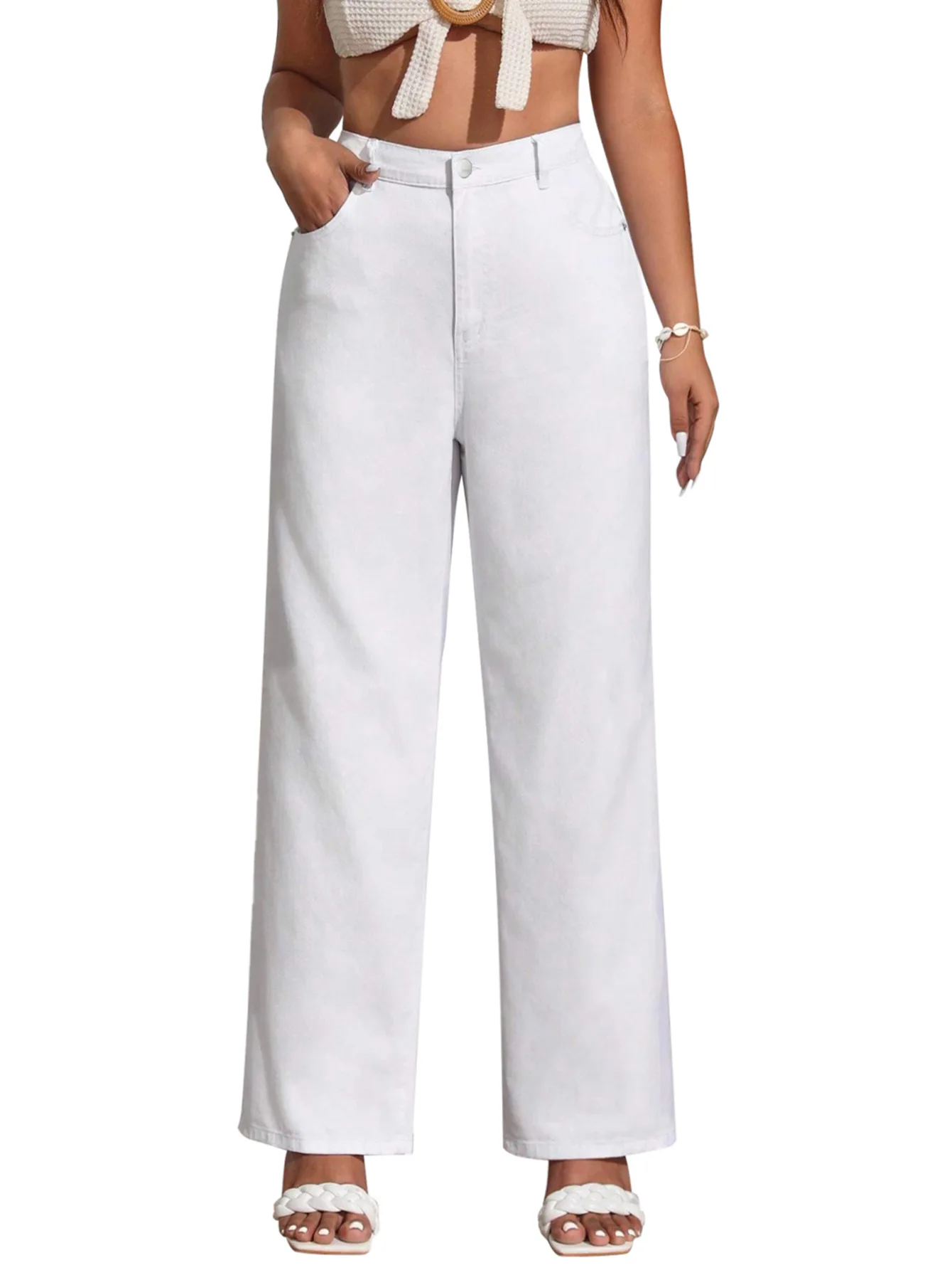 

Женские белые джинсы больших размеров, эластичные, свободные, повседневные широкие брюки, простые и удобные женские брюки.
