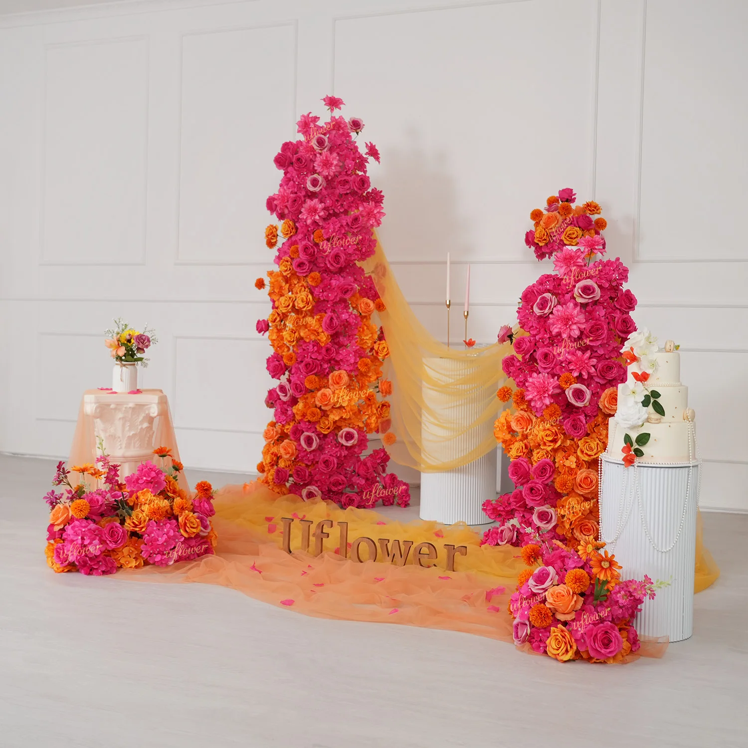 Uflower 핫핑크 오렌지 장미 인공 꽃 웨딩 장식  - Wedding Arch Flower 리뷰 및 가격
