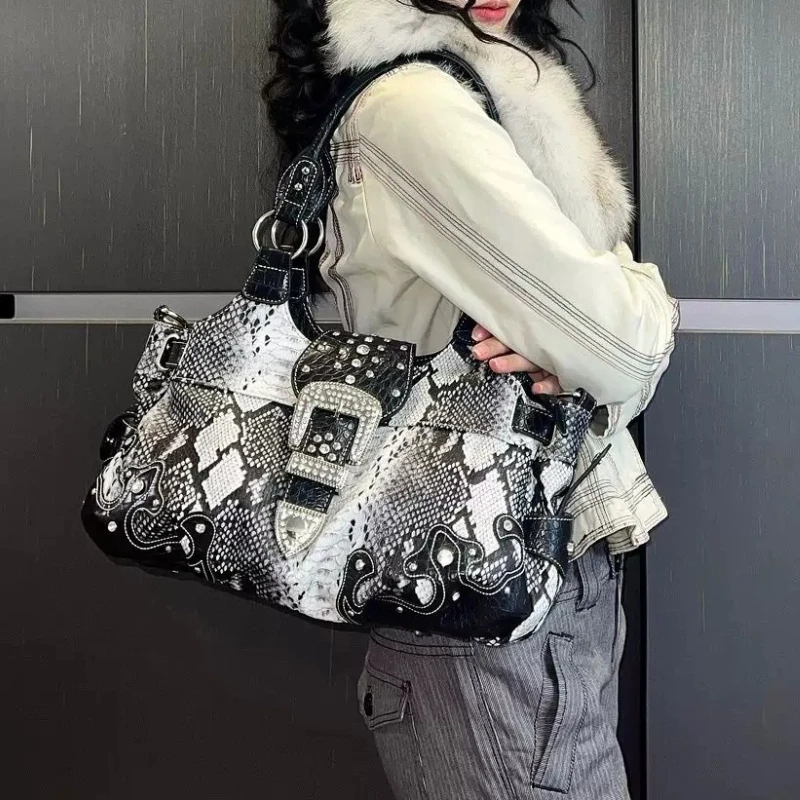 Leopard Print Tote Bag Y2K Vintage, Studded Shoulder Crossbody Handbag, Large Capacity Multi-Pocket Casual Work Tote
