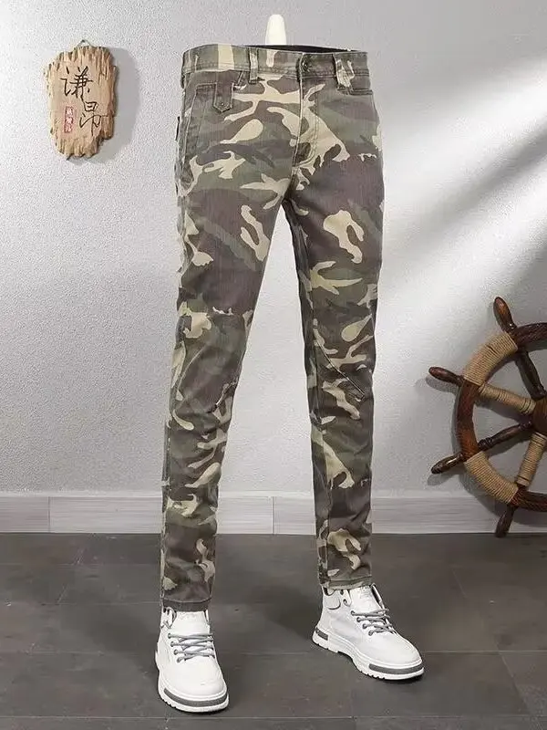 

Spring Autumn Camouflage Motorcycle Patchwork Outdoor Men's Slim Fit Jeans Youth Fashion Wear Resistant Small Straight Leg Pants