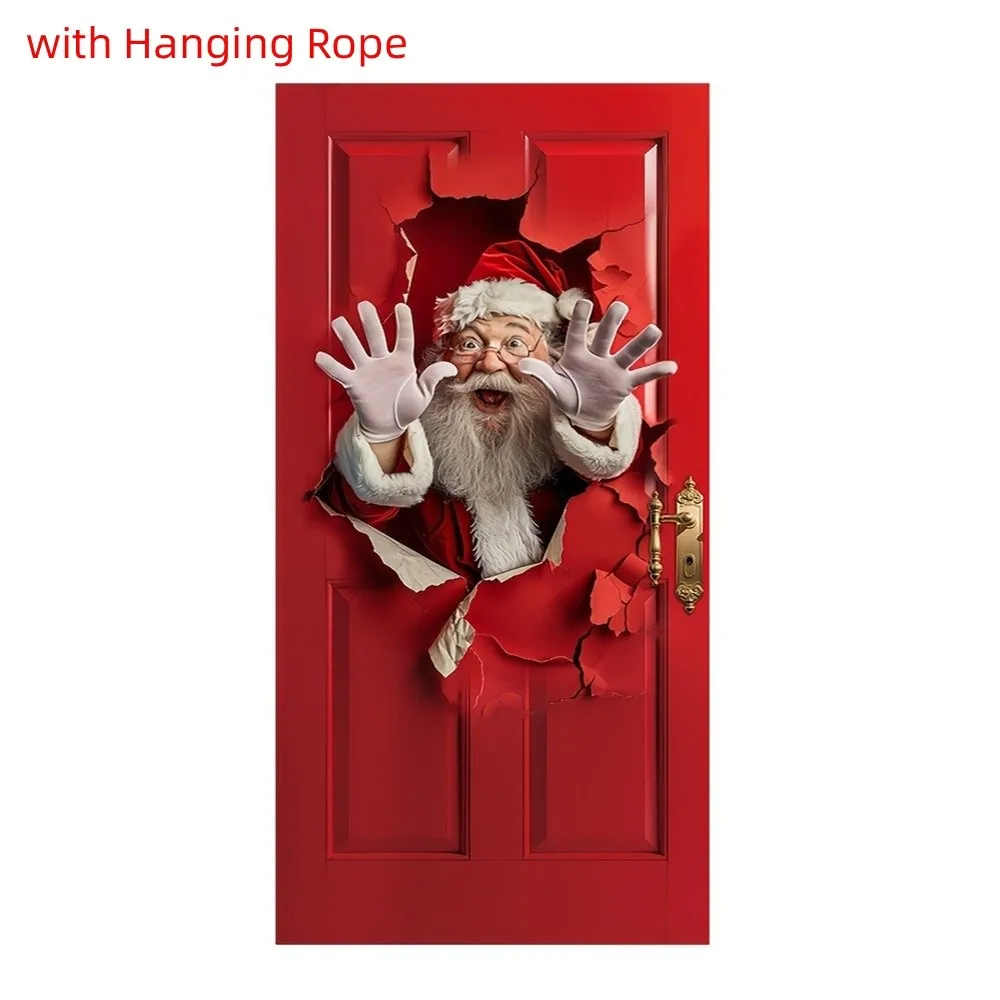 Santa Claus Pattern Christmas 2D Door Banner Rectangular Hanging Christmas Door Cover Perforated Strap Fastening Polyester