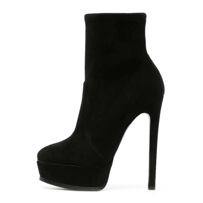 الحديثة الأسود الجلد المدبوغ القماش منصة الكعوب حذاء من الجلد جولة تو الانزلاق على سترتش خنجر الكعوب النساء فستان أحذية حجم 45