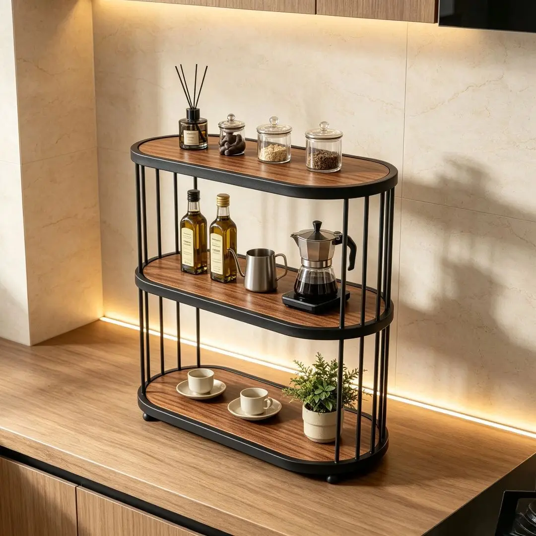 3 Tier Black Frame Wood Grain Metal Kitchen Storage Rack Oval Countertop Organizer Spice Jar Coffee Utensil Holder Home