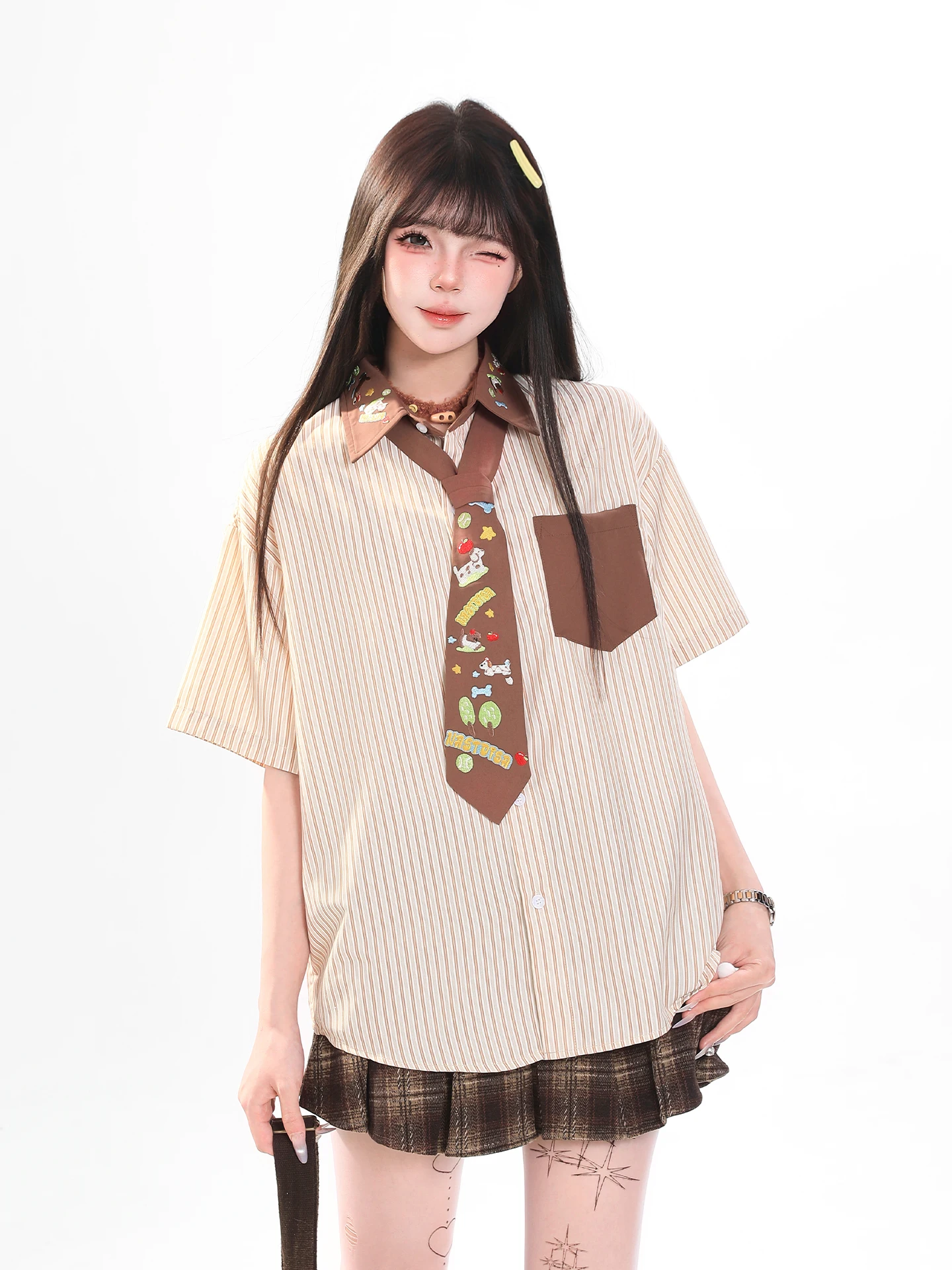 

Casual Loose Women's Short Sleeve Shirt Summer New Style College Style Cartoon Stripe Embroidery Loose Fit Vintage Shirt