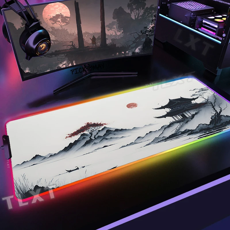 

Ink Landscape Painting Large RGB Gamer Mousepad Mouse Mat Gaming Mousepads LED Keyboard Mats Luminous Desk Pads Mouse Pad For PC