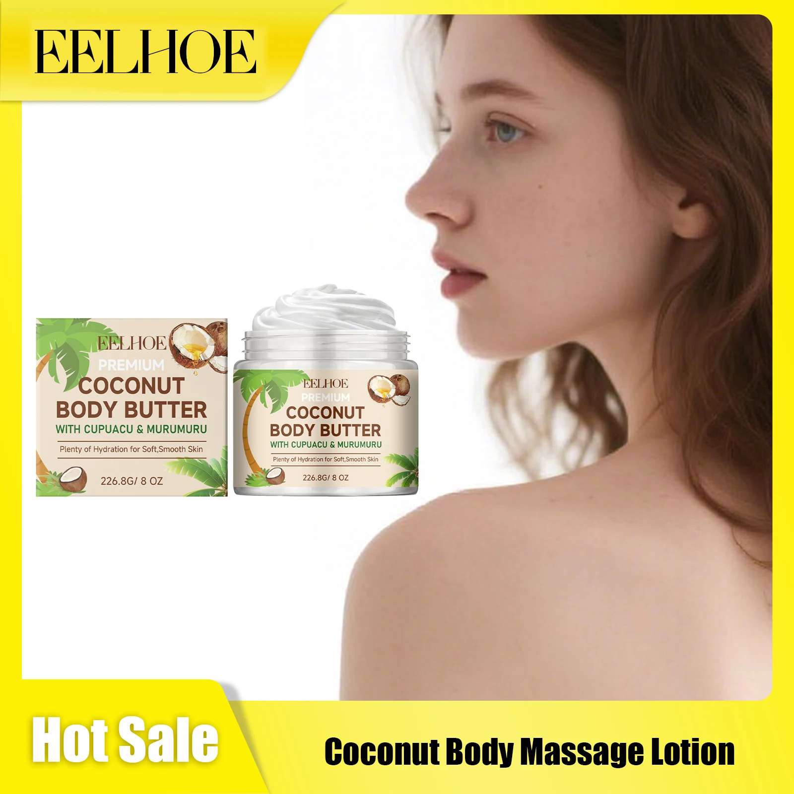 Crema Hidratante de Aceite de Coco EELHOE para Rostro, Rodillas y Codos, Mejora la Opacidad, Nutre la Piel, Loción Corporal con Vitamina E, Cuidado de la Piel