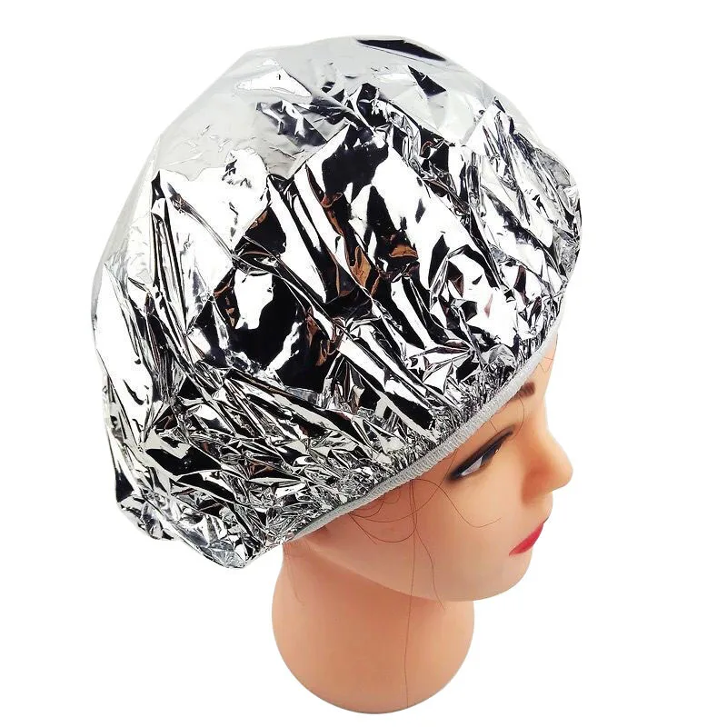 Gorro de ducha con aislamiento térmico para mujer, gorro de papel de aluminio, gorro de baño elástico para salón de pelo, Plata