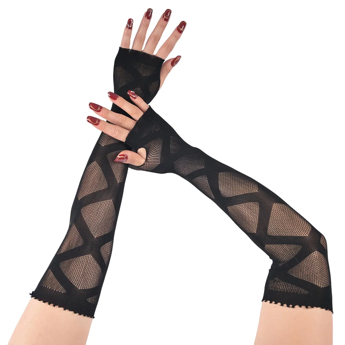 

Женские длинные рукава из сетки с ромбовидным узором в готическом стиле, защитные накладки на пальцы от солнца, аксессуары для косплея и летних вечеринок