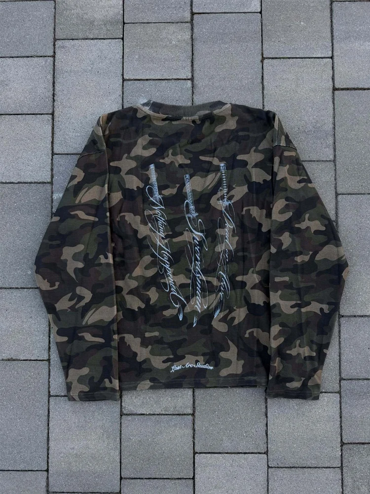 Autumn Unisex Vintage Y2K Punk Street‑Style Casual Camo Tiger Sword Print Oversized Waffle Knit Long Sleeve Top