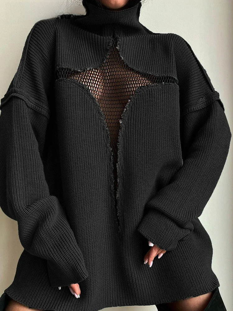

Ladies Knitted Loose Mesh Sweater Long Sleeve round Neck Hollow out Multi-Color Sexy Streetwear Trendy Pullover